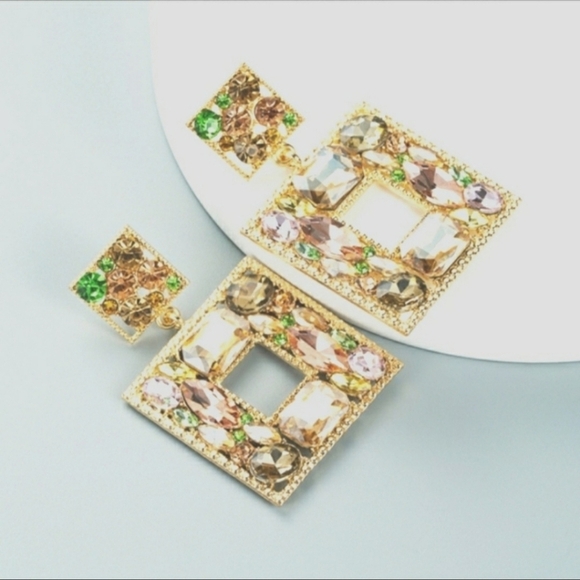 Golden Pastel Rhinestone Geometric Statement Earrings - Picture 8 of 12